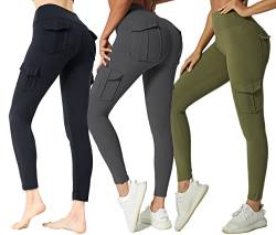 JEGGE Yoga-Leggings mit hoher Taille und 4 Taschen, Bauchkontrolle, Workout, Laufen, 4-Wege-Stretch, Cargo-Tasche, 3 Stück/Schwarz・grün・grau, S von JEGGE