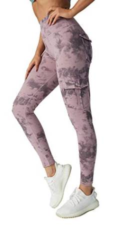 JEGGE Yoga-Leggings mit hoher Taille und 4 Taschen, Bauchkontrolle, Workout, Laufen, 4-Wege-Stretch, Cargo-Tasche, Camouflage-Pink, X-Klein von JEGGE
