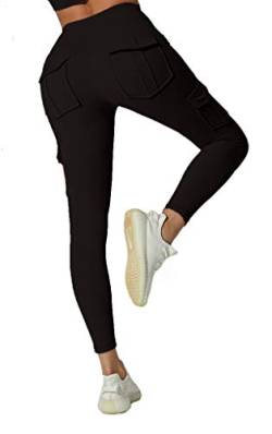 JEGGE Yoga-Leggings mit hoher Taille und 4 Taschen, Bauchkontrolle, Workout, Laufen, 4-Wege-Stretch, Cargo-Tasche, Schwarz, S von JEGGE