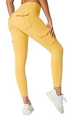 JEGGE Yoga-Leggings mit hoher Taille und 4 Taschen, Bauchkontrolle, Workout, Laufen, 4-Wege-Stretch, Cargo-Tasche, gelb, M von JEGGE