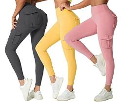 JEGGE Yoga-Leggings mit hoher Taille und 4 Taschen, Bauchkontrolle, Workout, Laufen, 4-Wege-Stretch-Cargotaschen-Leggings, 3 Stück/Grau/Gelb/Pink, S von JEGGE