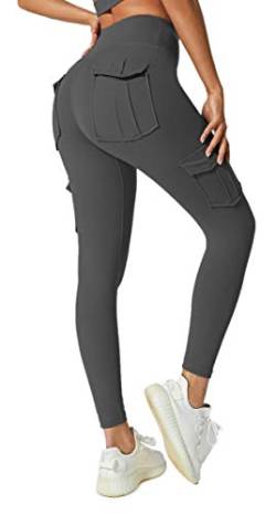 JEGGE Yoga-Leggings mit hoher Taille und 4 Taschen, Bauchkontrolle, Workout, Laufen, 4-Wege-Stretch-Cargotaschen-Leggings, GRAU, S von JEGGE