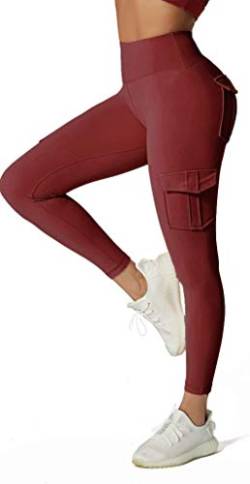 JEGGE Yoga-Leggings mit hoher Taille und 4 Taschen, Bauchkontrolle, Workout, Laufen, 4-Wege-Stretch-Cargotaschen-Leggings, claret, M von JEGGE