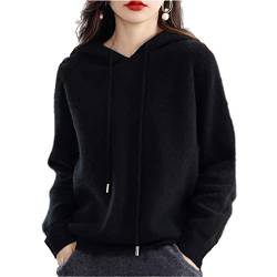 JEMJAR Damen Pullover Wolle Hoodies Tops, Lässiger Langarm-Strick-Hoodie, All-Match Hoodie Aus 100% Wolle (Color : Black, Size : XL) von JEMJAR