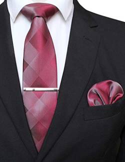 JEMYGINS Dunkelrot Quadratischer Streifen Jacquard geflochtene seide Krawatte für Herren und Einstecktuch krawattenklammer Sets(7) von JEMYGINS