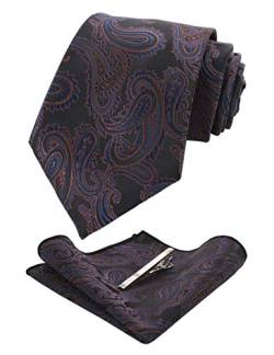 JEMYGINS Graziös Paisley Elegant Herren Krawatte und Einstecktuch mit krawattenklammer Sets (Dunkelblau/Braun) von JEMYGINS