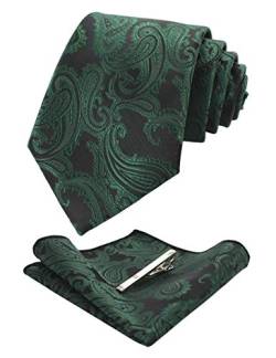 JEMYGINS Graziös Paisley Elegant Herren Krawatte und Einstecktuch mit krawattenklammer Sets (Dunkelgrün2) von JEMYGINS