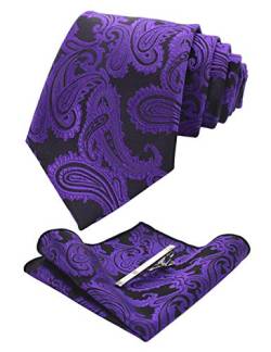 JEMYGINS Graziös Paisley Elegant Herren Krawatte und Einstecktuch mit krawattenklammer Sets (Lila2) von JEMYGINS