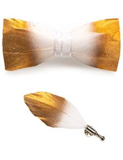 JEMYGINS Handgemacht Hochzeit Party Leder Feder Fliege Gold/Weiß 2 Fliegen mit Geschenkbox Set für Herren In mehreren Farben(7) von JEMYGINS