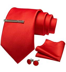 JEMYGINS Herren 9cm Breit Extra lang Krawatte und Einstecktuch Krawattenklammer Set Geeigneter Hochzeit Fest,Rot von JEMYGINS