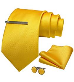 JEMYGINS Herren 9cm Breit Extra lang Krawatte und Einstecktuch Krawattenklammer Set Geeigneter Hochzeit Fest,helles Gelb von JEMYGINS