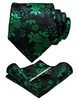 JEMYGINS Herren Blumen Krawatten und Einstecktuch Sets mit Krawattenklammer in verschiedenen Farben erhältlich,Schwarz Grün von JEMYGINS
