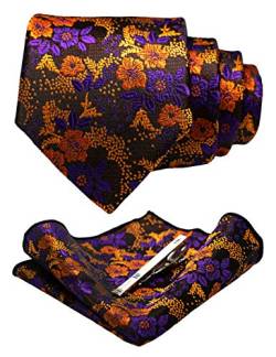 JEMYGINS Herren Blumen Krawatten und Einstecktuch Sets mit Krawattenklammer in verschiedenen Farben erhältlich,orange/lila von JEMYGINS