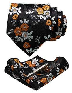 JEMYGINS Herren Blumen Krawatten und Einstecktuch Sets mit Krawattenklammer in verschiedenen Farben erhältlich,schwarz/gelb/weiß von JEMYGINS