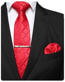 JEMYGINS Herren Hochzeit Krawatten-Set mit Karomuster und passendem Einstecktuch sowie Krawattenklammer - einfarbig in verschiedenen Farben erhältlich Rot von JEMYGINS