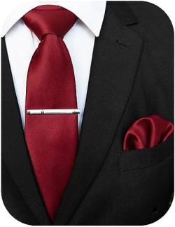JEMYGINS Herren Krawatte aus mattem Stoff mit Taschentuch und Krawattenklammer – mehrere Farben erhältlich, bordeaux, M von JEMYGINS