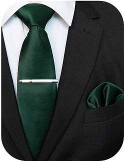 JEMYGINS Herren Krawatte aus mattem Stoff mit Taschentuch und Krawattenklammer – mehrere Farben erhältlich, dunkelgrün, M von JEMYGINS