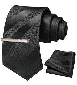 JEMYGINS Herren Krawatten Set mit gemischtem Rosen und Streifenmuster inklusive Krawattenklammer und Taschentuch voll schwarz von JEMYGINS