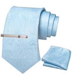 JEMYGINS Herren Paisley Krawatten set mit Krawattenklammer und Einstecktuch,Ätherisches Blau, Hellblau von JEMYGINS