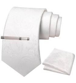JEMYGINS Herren Paisley Krawatten set mit Krawattenklammer und Einstecktuch,Weiß von JEMYGINS