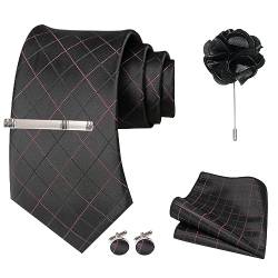 JEMYGINS Herren gestreifte bestickte Hochzeits Krawatte mit passendem Einstecktuch und Krawattenklammer Set,Schwarz, rosa-schwarze Streifen von JEMYGINS