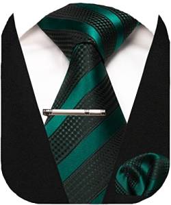 JEMYGINS Krawatte Herren Gestreifte Karierte Krawatte Dunkelgrün und schwarz gestreift Inklusive Einstecktuch Krawattenklammer Set von JEMYGINS