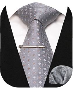 JEMYGINS Krawatte Herren Gestreifte Karierte Krawatte Grau-gelbe Punkte Inklusive Einstecktuch Krawattenklammer Set von JEMYGINS