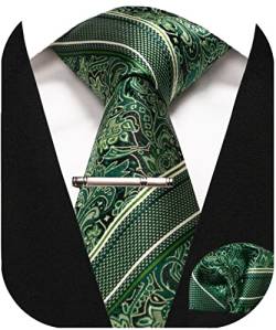 JEMYGINS Krawatte Herren Gestreifte Karierte Krawatte Grün geblümt Inklusive Einstecktuch Krawattenklammer Set von JEMYGINS