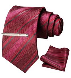 JEMYGINS Krawatte Herren Gestreifte Karierte Krawatte Rosa rot schwarz gestreift gestreift Inklusive Einstecktuch Krawattenklammer Set von JEMYGINS