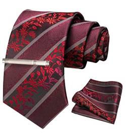 JEMYGINS Krawatte Herren Gestreifte Karierte Krawatte Rot geblümt mit weißen Streifen gestreift Inklusive Einstecktuch Krawattenklammer Set von JEMYGINS