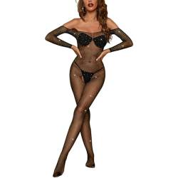 JENCVNL Sexy Dessous für Damen Fischernetz Bodystocking Ouvert Unterwäschen Reizwäsche Sexy Catsuit Erotik Netz Lingerie Sexy Spitze Nachtwäsche Nachtkleid (Schwarz mit Glitzer) von JENCVNL