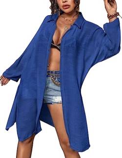 JENJON Damen Bluse Bikini Cover Up Strandkleid Sommer Langarm Beach Shirt Strandponcho Outwear Blau One Size von JENJON