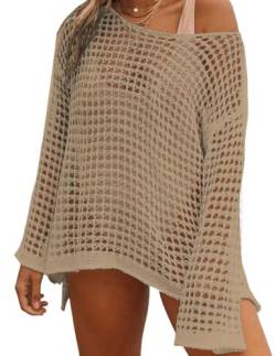 JENJON Damen Gestrickte Strandkleid Bikini Cover Up Sommer Mini Cutout Crochet Pareos Kleid Strandponcho A-Beige Einheitsgröße von JENJON