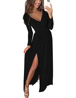 JENJON Damen Kleid Elegant Off Shoulder Langarm V-Ausschnit Tunika Maxikleider Casual Hohe Taille Saumschlitz Cocktailkleid von JENJON