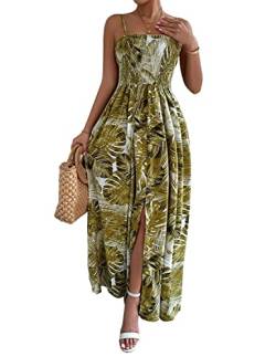 JENJON Damen Kleid Sommer Tropical Print Gesmoktes Shirred Split Thigh Cami Kleid Casual Maxi Boho Rohrchenkleider Gelb XL von JENJON