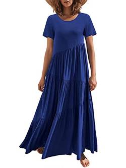 JENJON Damen Kleider Kurzarm Lang Boho Maxi Rundhals Lose Freizeit Sommerkleid mit Asymmetrischem Saum Strandkleid Blau L von JENJON