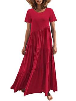 JENJON Damen Kleider Kurzarm Lang Boho Maxi Rundhals Lose Freizeit Sommerkleid mit Asymmetrischem Saum Strandkleid Rot M von JENJON