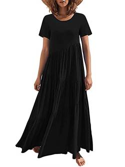 JENJON Damen Kleider Kurzarm Lang Boho Maxi Rundhals Lose Freizeit Sommerkleid mit Asymmetrischem Saum Strandkleid Schwarz L von JENJON