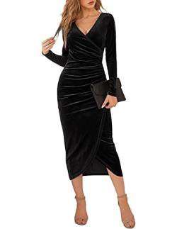 JENJON Damen Samtkleid 2.0 Langarm Winterkleid V Ausschnitt Silvester Kleid Elegant Bodycon Party Cocktailkleid für Herbst Winter 2023 Schwarz M von JENJON