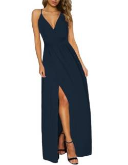 JENJON Damen Sommer Kleid Elegant Off Shoulder Kurzarm Ohne Arm V-Ausschnit Tunika Maxikleider Casual Hohe Taille Saumschlitz Cocktailkleid A-Blau-1 L von JENJON