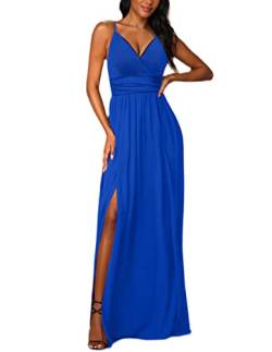 JENJON Damen Sommer Kleid Elegant Off Shoulder Kurzarm Ohne Arm V-Ausschnit Tunika Maxikleider Casual Hohe Taille Saumschlitz Cocktailkleid A-Blau L von JENJON