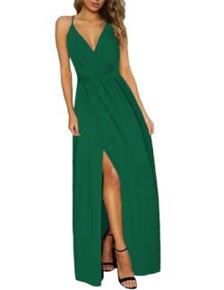 JENJON Damen Sommer Kleid Elegant Off Shoulder Kurzarm Ohne Arm V-Ausschnit Tunika Maxikleider Casual Hohe Taille Saumschlitz Cocktailkleid A-Grün L von JENJON