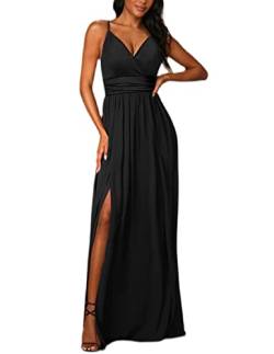 JENJON Damen Sommer Kleid Elegant Off Shoulder Kurzarm Ohne Arm V-Ausschnit Tunika Maxikleider Casual Hohe Taille Saumschlitz Cocktailkleid A-Schwarz M von JENJON