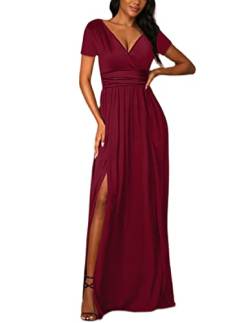 JENJON Damen Sommer Kleid Elegant Off Shoulder Kurzarm Ohne Arm V-Ausschnit Tunika Maxikleider Casual Hohe Taille Saumschlitz Cocktailkleid B-Rot XL von JENJON