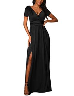 JENJON Damen Sommer Kleid Elegant Off Shoulder Kurzarm Ohne Arm V-Ausschnit Tunika Maxikleider Casual Hohe Taille Saumschlitz Cocktailkleid B-Schwarz L von JENJON