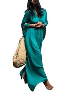 JENJON Damen Strandkleid Baumwolle Kaftan Boho Maxi Pur Farbe Elegante Lose Sommerkleid Strand Langes Bikini Cover Ups Sleepwear A-Blau grün One Size von JENJON