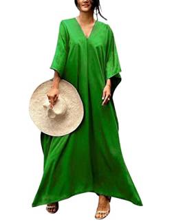 JENJON Damen Strandkleid Baumwolle Kaftan Boho Maxi Pur Farbe Elegante Lose Sommerkleid Strand Langes Bikini Cover Ups Sleepwear A-Grün One Size von JENJON