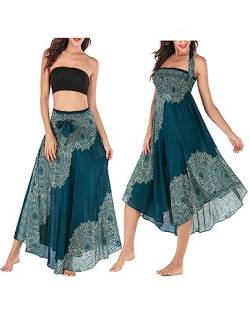 JENJON Damen Strandkleid Shirred Casual Ärmellos Rohrchenkleider Boho Rock D-Blau & Grün Einheitsgröße von JENJON