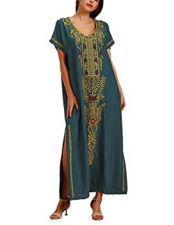 JENJON Damen Strandkleider Baumwolle Maxi Elegante Boho Sommer Lose Kaftan Strand Langes Bikini Cover Ups E-Grün One Size von JENJON