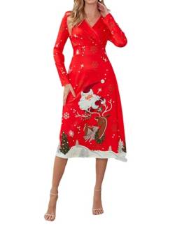 JENJON Damen Weihnachtskleid Langarm V-Ausschnitt Vintage Elegant Weihnachten Print Kleid Casual Neujahrspartykleid Rot-1 XXL von JENJON